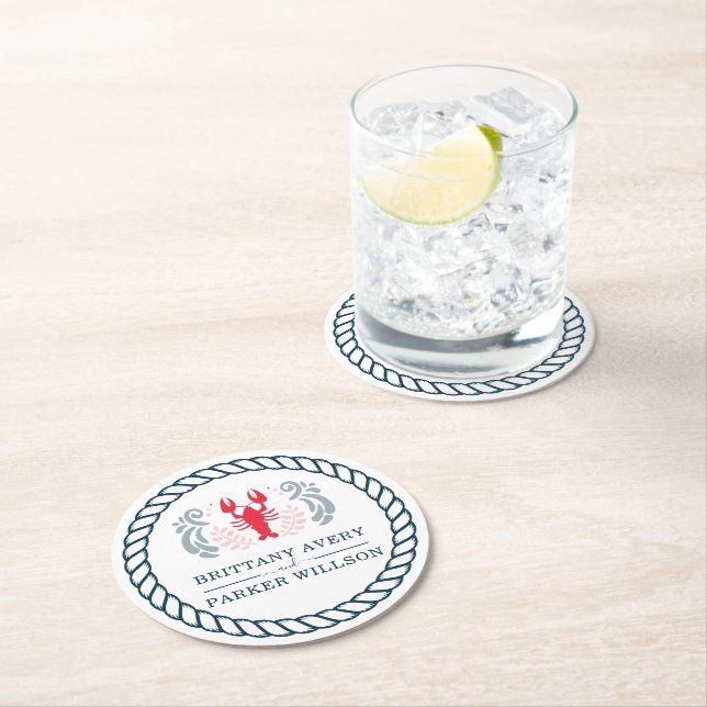 Modern Nautical Personalized Wedding Round Paper Coaster (Insitu)