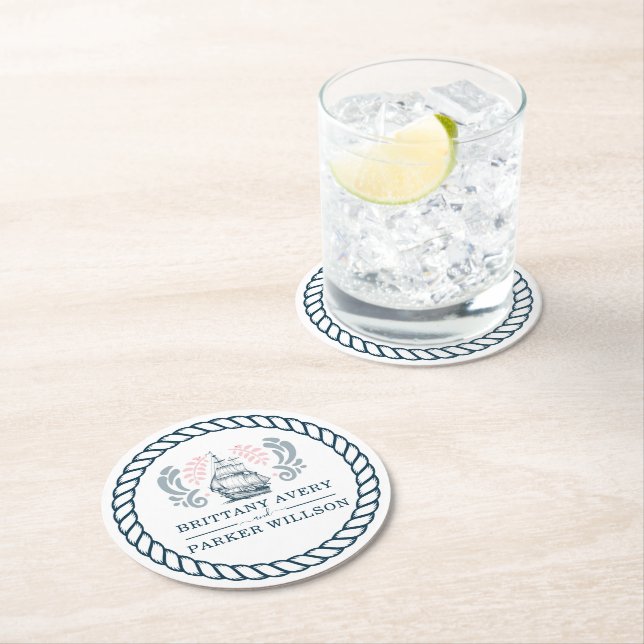Modern Nautical Personalized Wedding Round Paper Coaster (Insitu)