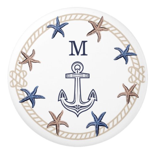Modern Nautical Photo Navy Blue White Tan Starfish Ceramic Knob