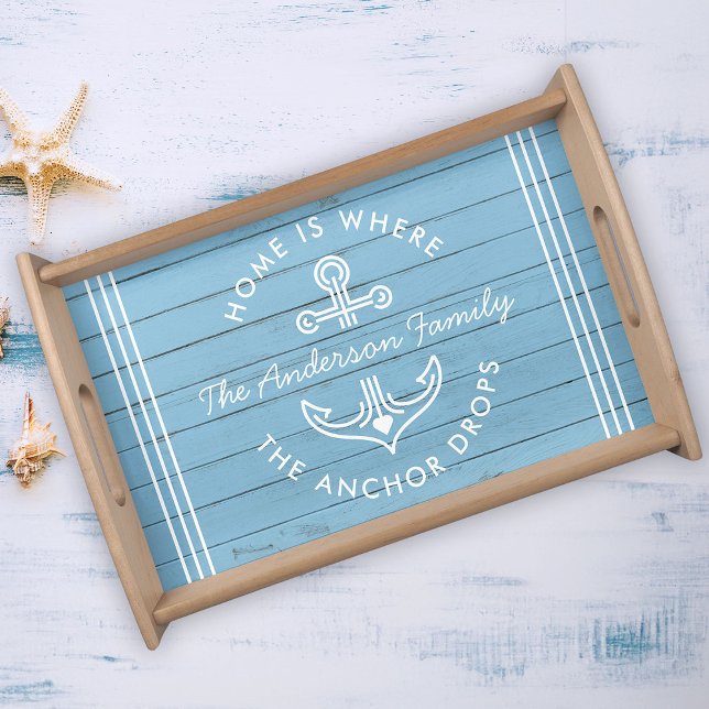 Modern Nautical Quote Custom Family Name Driftwood Serving Tray (Creator Uploaded)