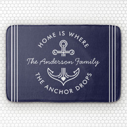 Modern Nautical Quote Custom Family Name Navy Blue Bath Mat