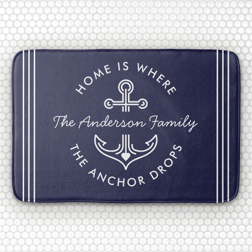 Modern Nautical Quote Custom Family Name Navy Blue Bath Mat