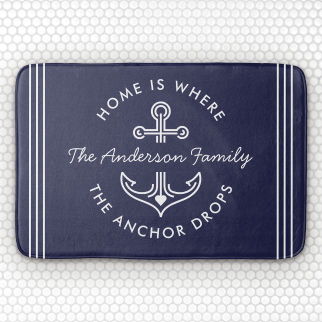 Modern Nautical Quote Custom Family Name Navy Blue Bath Mat (Creator Uploaded)