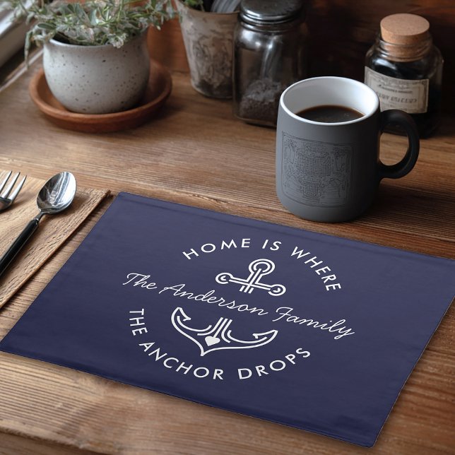 Modern Nautical Quote Custom Family Name Navy Blue Cloth Placemat (Creator Uploaded)