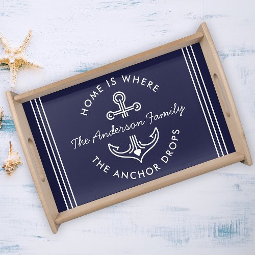 Modern Nautical Quote Custom Family Name Navy Blue Serving Tray