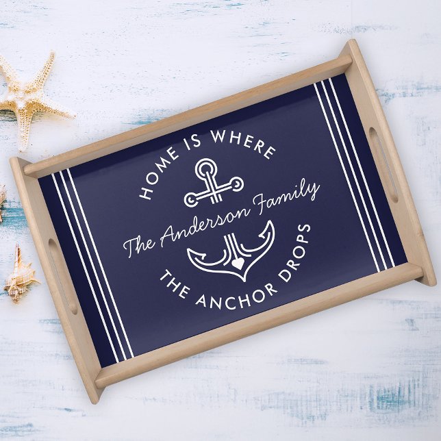 Modern Nautical Quote Custom Family Name Navy Blue Serving Tray (Creator Uploaded)