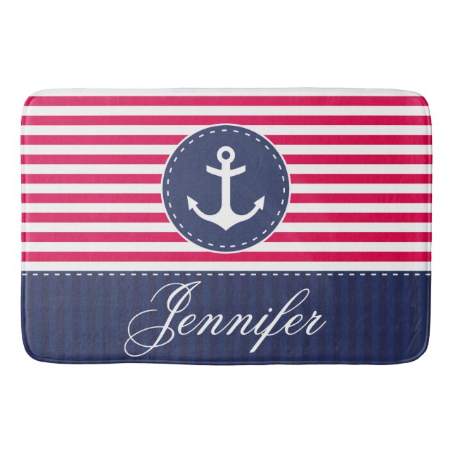Modern Nautical Red Blue Anchor Personalized Bathroom Mat (Front)