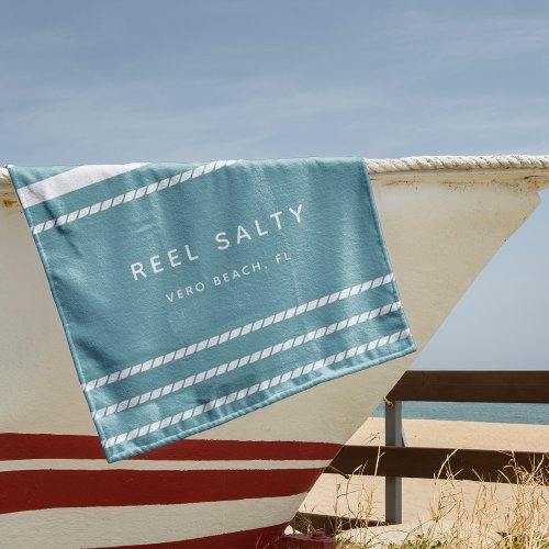 Modern Nautical Rope Stripe Boat Name Beach Towel