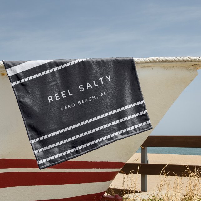 Modern Nautical Rope Stripe Boat Name Beach Towel (Creator Uploaded)