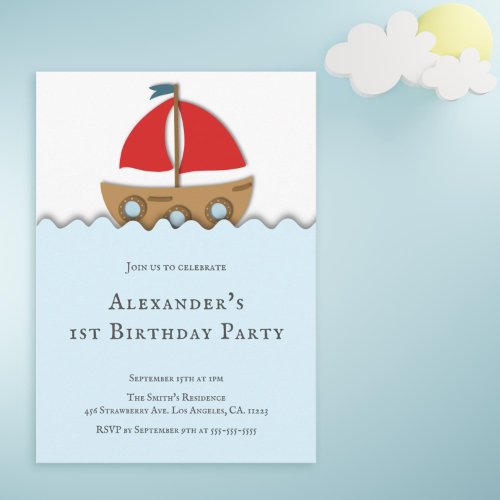 Modern Nautical Sailboat Boy First Birthday Invitation