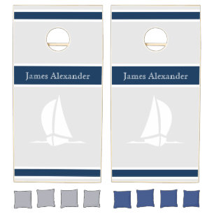 Modern Nautical Sailing Blue Sailboat  Cornhole Se Set