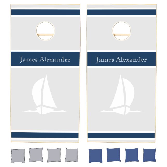 Modern Nautical Sailing Blue Sailboat  Cornhole Se Set (Set)