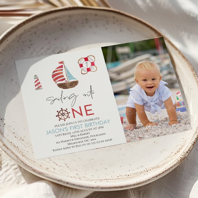 Modern Nautical Sailing Into One 1st Birthday Invitation (Boys Nautical Themed 1st Birthday Invitation Sail Boat First Birthday Invite baby Boy Surfing Into )