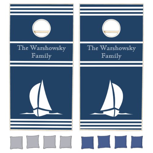 Modern Nautical Sailing Navy Blue white Sailboat C Cornhole Set