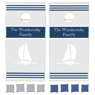 Modern Nautical Sailing Navy Blue white Sailboat Cornhole Set