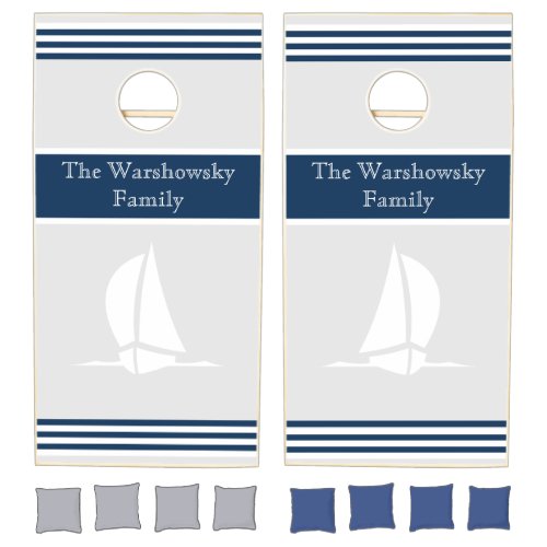 Modern Nautical Sailing Navy Blue white Sailboat Cornhole Set