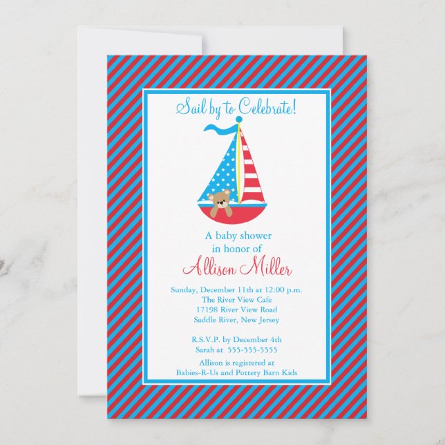 Modern Nautical Sailing Sailboat Boy Baby Shower Invitation (Front)