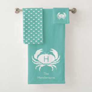 Modern Nautical Seafoam Teal Crab Monogram Name Bath Towel Set