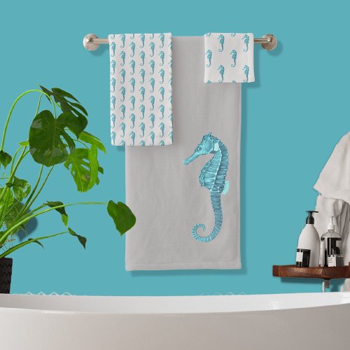 Modern Nautical Seahorse Bathroom Aqua Teal Gray Bath Towel Set