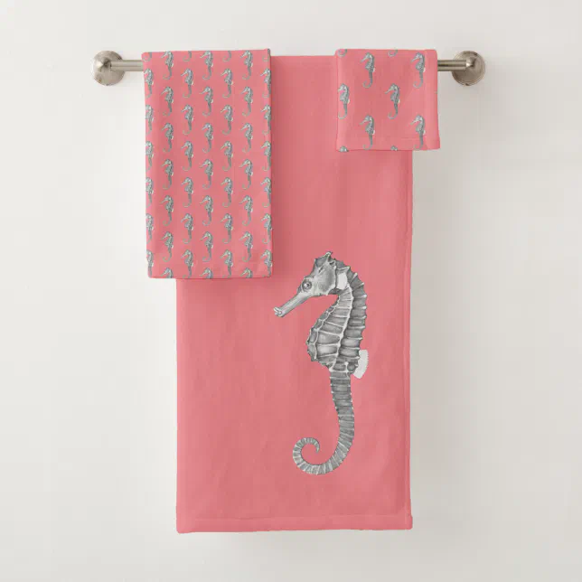 Modern Nautical Seahorse Bathroom Coral peach Bath Towel Set Zazzle