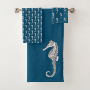 Modern Nautical Seahorse Bathroom Marine Gray Bath Towel Set