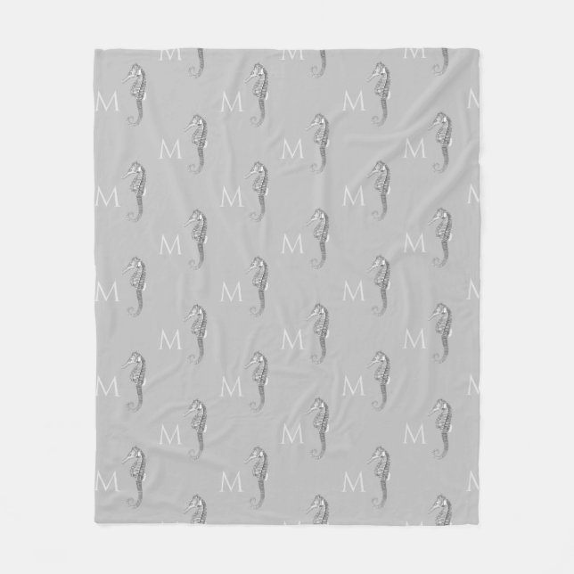 Modern Nautical Seahorse Bathroom Marine Gray  Fleece Blanket (Front)