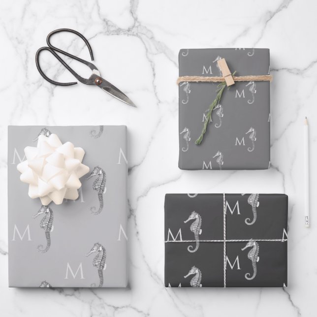 Modern Nautical Seahorse Bathroom Marine Gray  Wrapping Paper Sheets (Front)