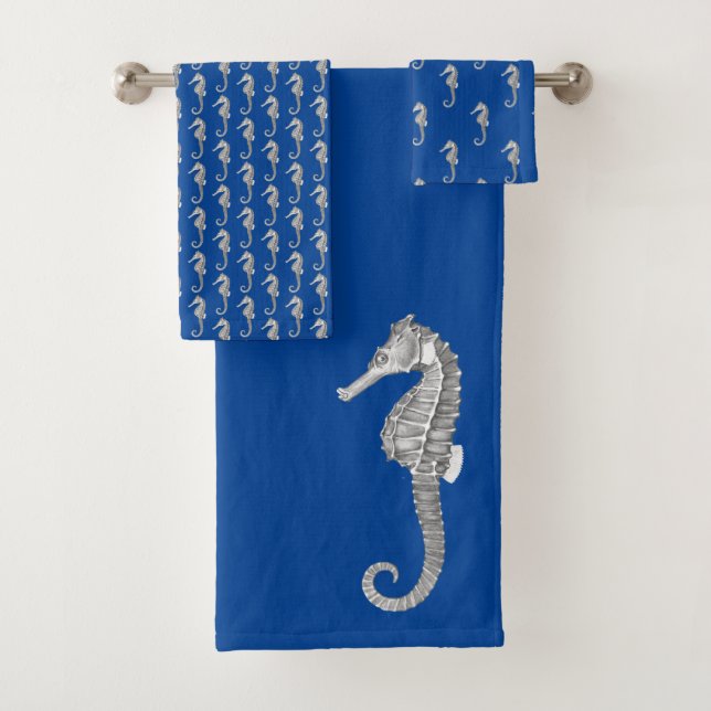 Modern Nautical Seahorse Bathroom Ocean Blue Bath Towel Set (Insitu)