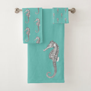 Modern Nautical Seahorse Bathroom Seafoam Green Bath Towel Set