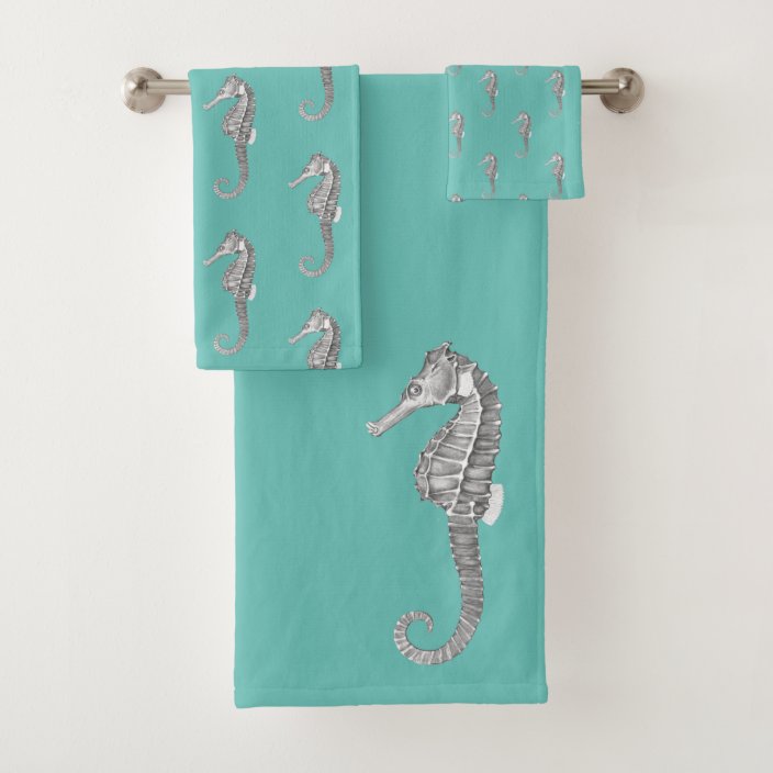 Modern Nautical Seahorse Bathroom Seafoam Green Bath Towel Set