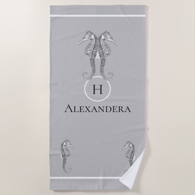 Modern Nautical Seahorse  Marine Gray Beach Towel (Front)