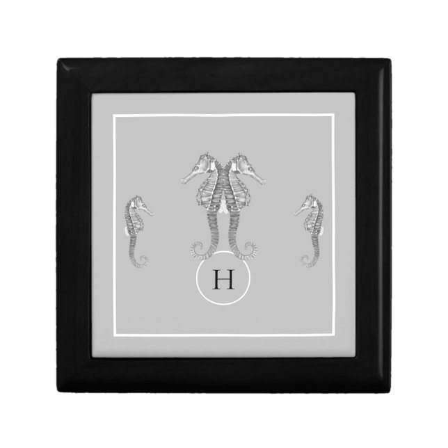 Modern Nautical Seahorse  Marine Gray Square  Gift Box (Front)