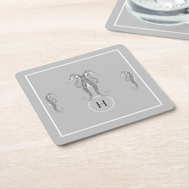 Modern Nautical Seahorse  Marine Gray Square Paper Coaster (Angled)