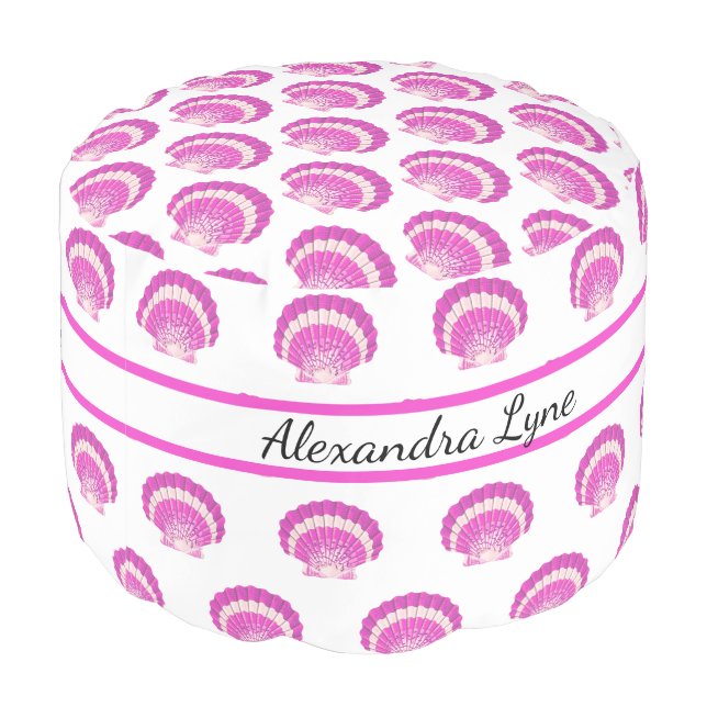 Modern Nautical Seashell Pink  white Shell Beach  Pouf (Angled Back)