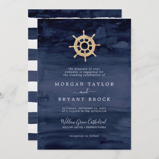 Modern Nautical | Ship Helm Formal Wedding Invitation (Front/Back)