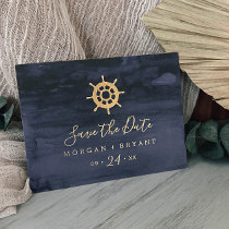 Modern Nautical Ship Helm Gold Foil Save the Date Invitation Postcard
