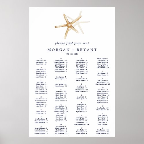 Modern Nautical  Starfish Alphabetical Seating Poster