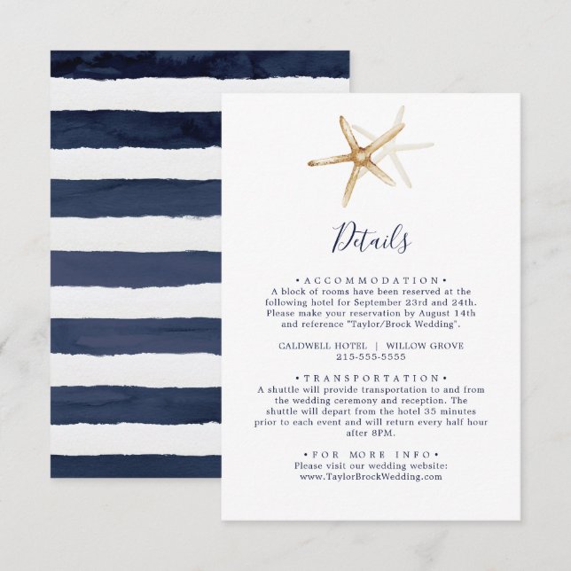 Modern Nautical | Starfish and Navy Stripe Details Enclosure Card (Front/Back)