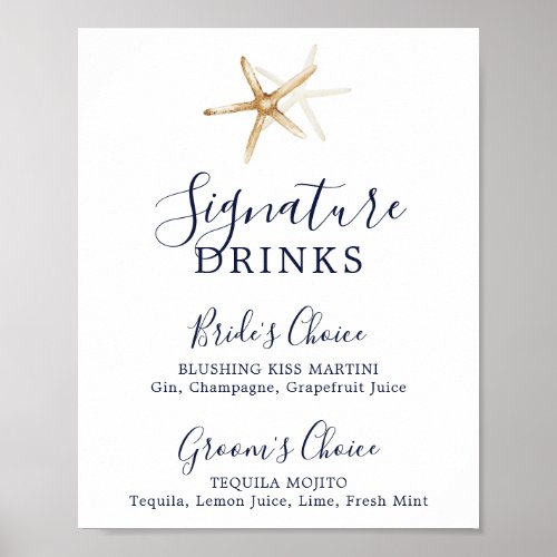 Modern Nautical  Starfish Signature Drinks Sign