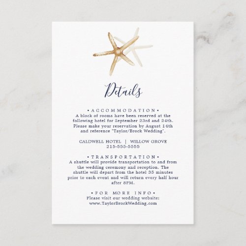 Modern Nautical  Starfish Wedding Details Enclosure Card