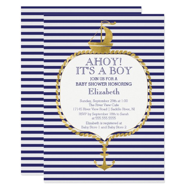 Modern Nautical Stripe Gold Anchor Baby Shower Invitation
