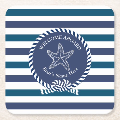 Modern Nautical Stripe Turquoise Navy Blue White Square Paper Coaster