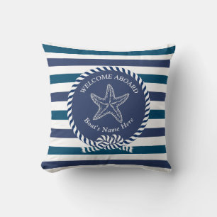 Modern Nautical Stripe Turquoise Navy Blue White Throw Pillow