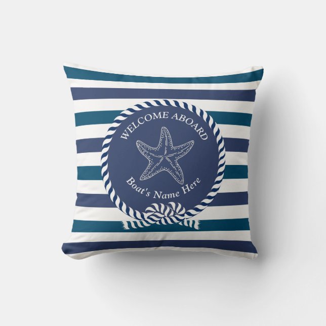 Modern Nautical Stripe Turquoise Navy Blue White Throw Pillow (Front)