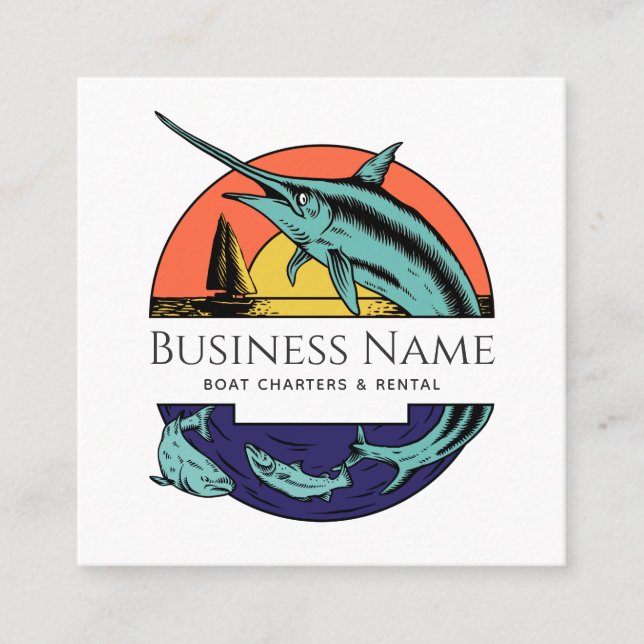 Modern Nautical Swordfish Sun Illustration Fishing Square Business Card (Front)