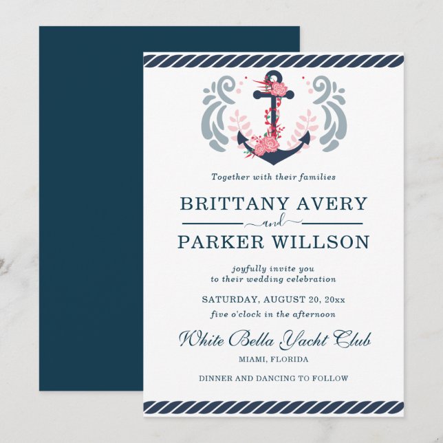 Modern Nautical Wedding Anchor Invitation (Front/Back)