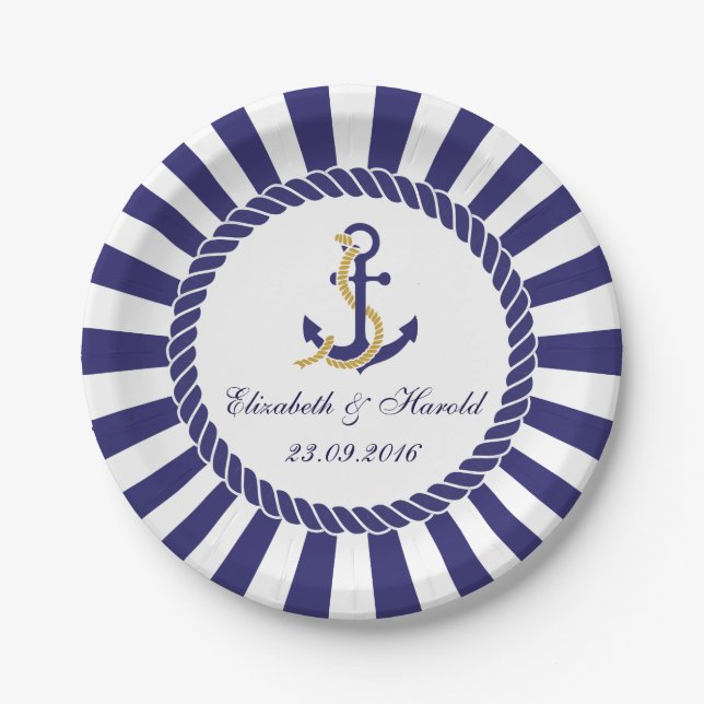 Modern Nautical Wedding Navy Blue White Stripes Paper Plates (Front)
