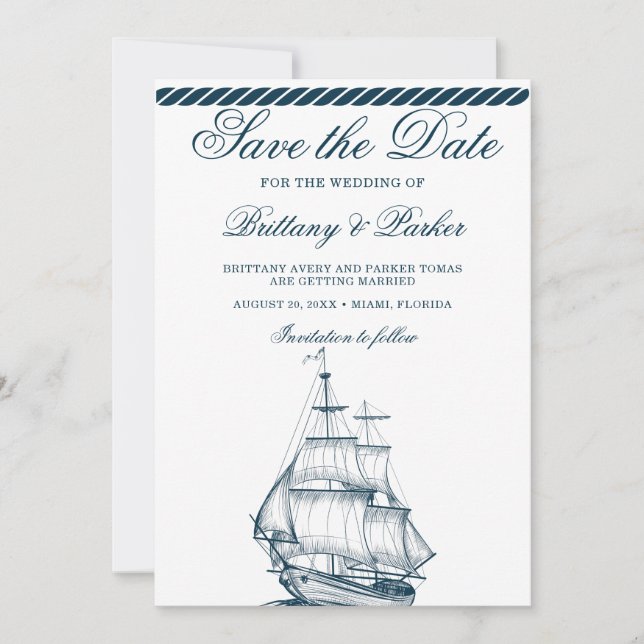 Modern Nautical Wedding White and Blue Save The Date (Front)