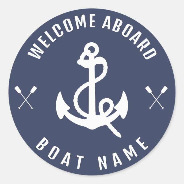 Modern Nautical Welcome Aboard Boat Name Anchor    Classic Round Sticker (Front)