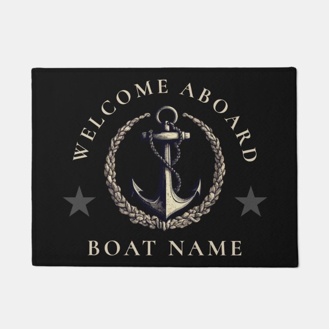 Modern Nautical Welcome Aboard Boat Name Anchor  Doormat (Front)